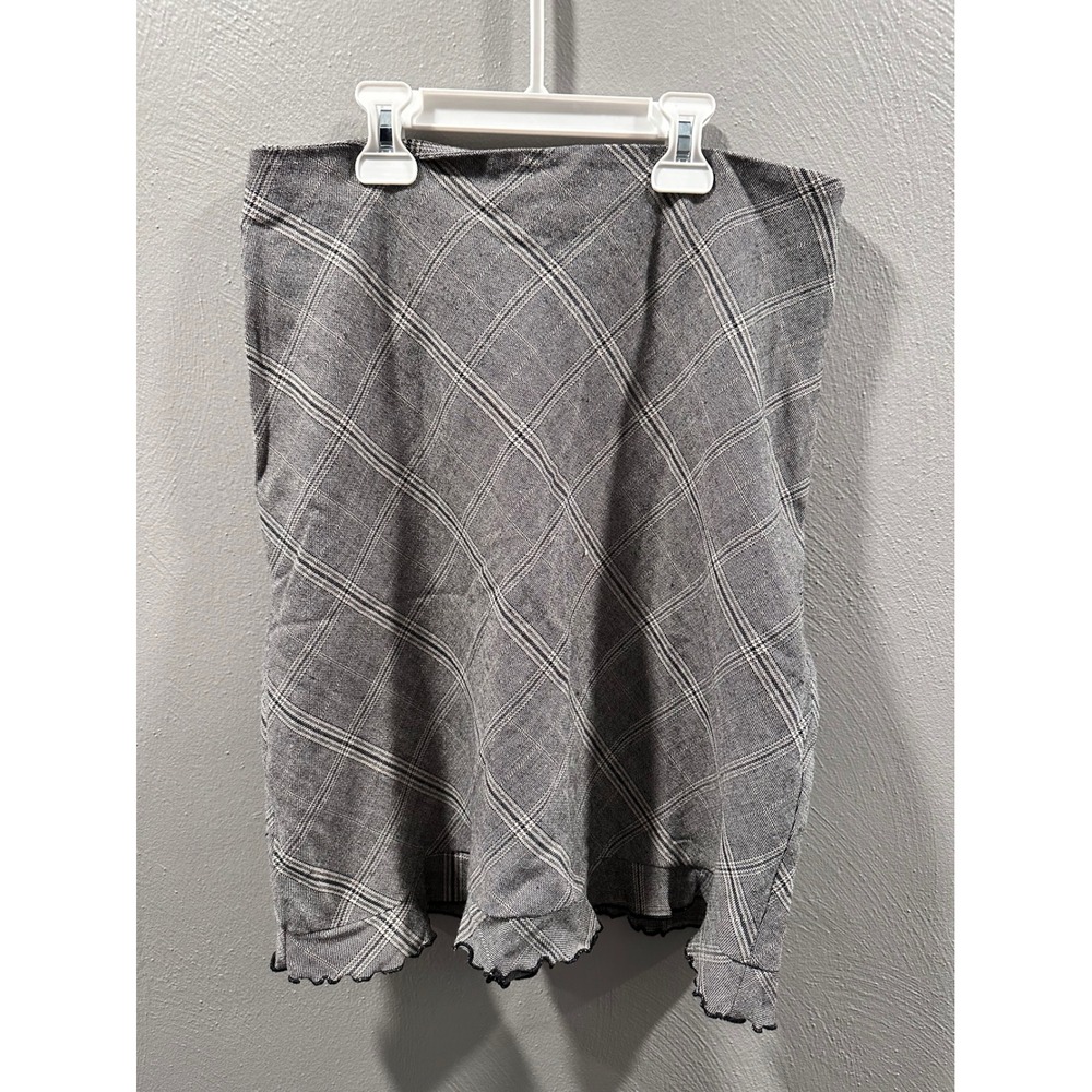 B. Moss Grey Plaid Stretch Skirt Lettuce Edge Ruffle Hem Knee Length Size 6